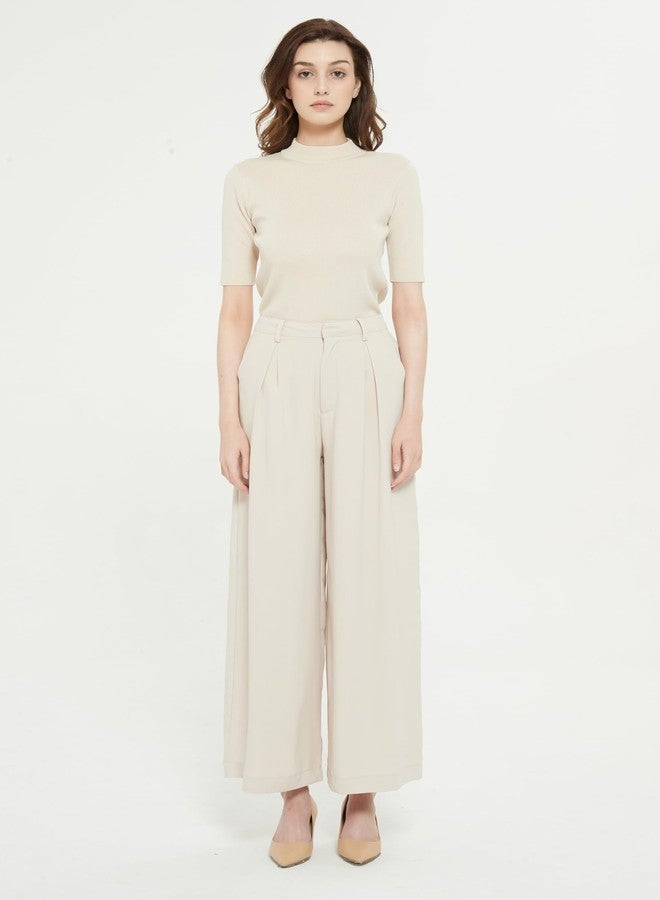 Tronjori Women High Waist Casual Wide Leg Long Palazzo Pants Trousers Regular Size(XS,Beige Short) - Image 5